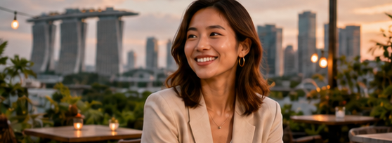 A companion at a rooftop venue with Singapore's Marina Bay skyline