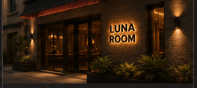Warmly lit entrance to Luna Room